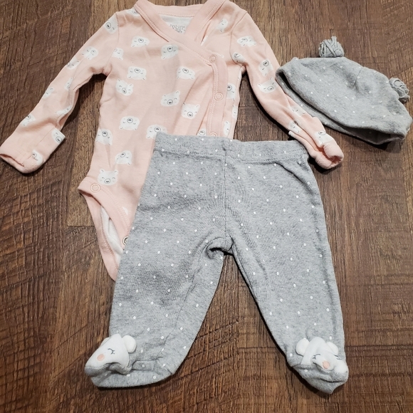 Carters Baby Cotton Matching Set Pink Gray Bear Bodysuit Polka Dot Leggings Hat - Picture 1 of 14